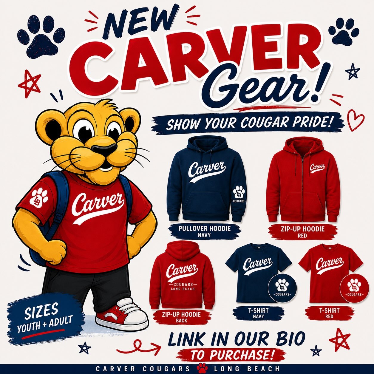 🎉 A brand new CarverWear design is almost here! 🐾❤️💙

Our CarverWear online shop reopens August 10th! Get ready for fresh new spirit wear featuring:
✨ A brand new design
👕 Improved fabric quality for an even softer, better fit, at the same price!