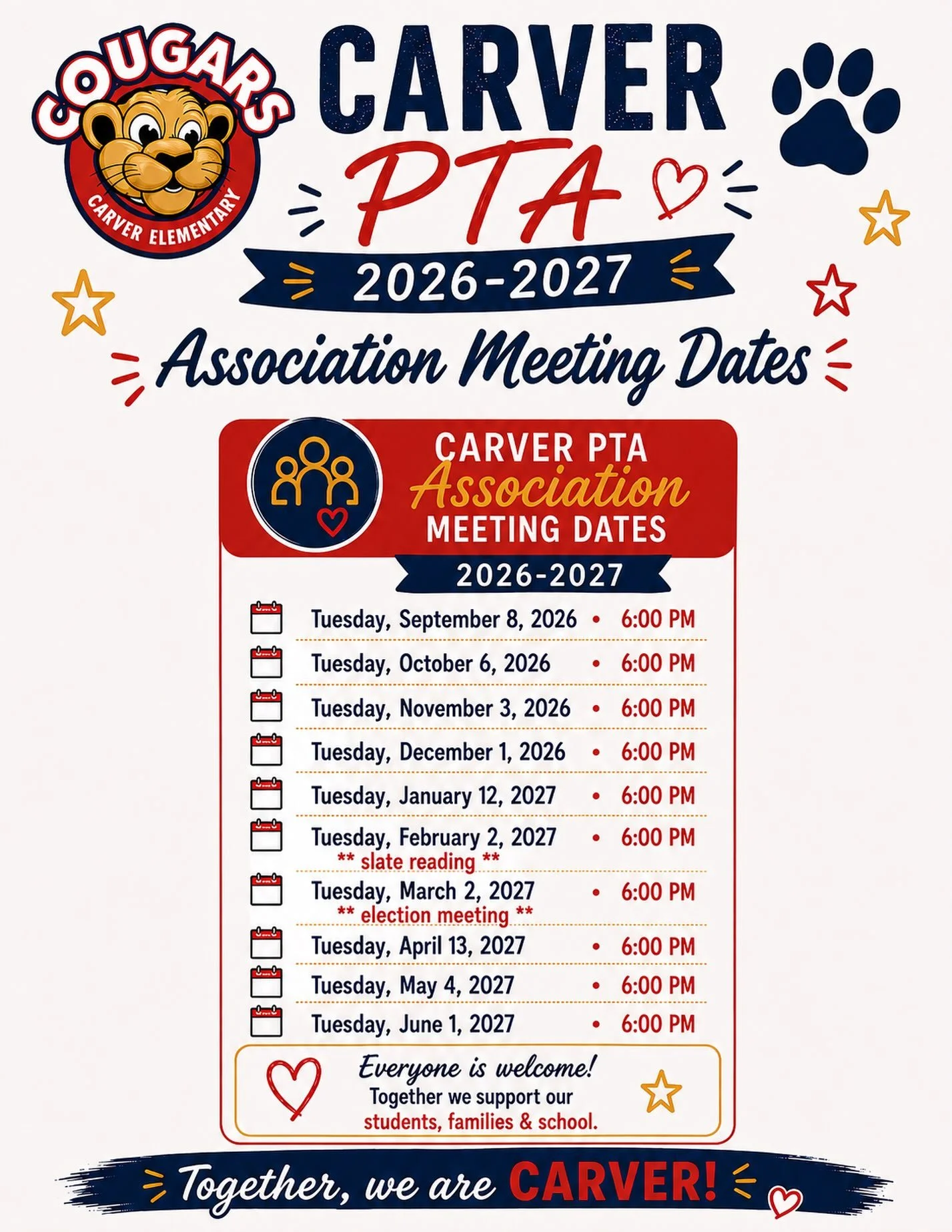 Mark your calendars! 🗓️ Here are our PTA meeting dates for the year. We welcome all families and encourage you all to attend. We discuss fundraising, school events, vote on important matters, and get updates from teachers and staff. We hope to see y
