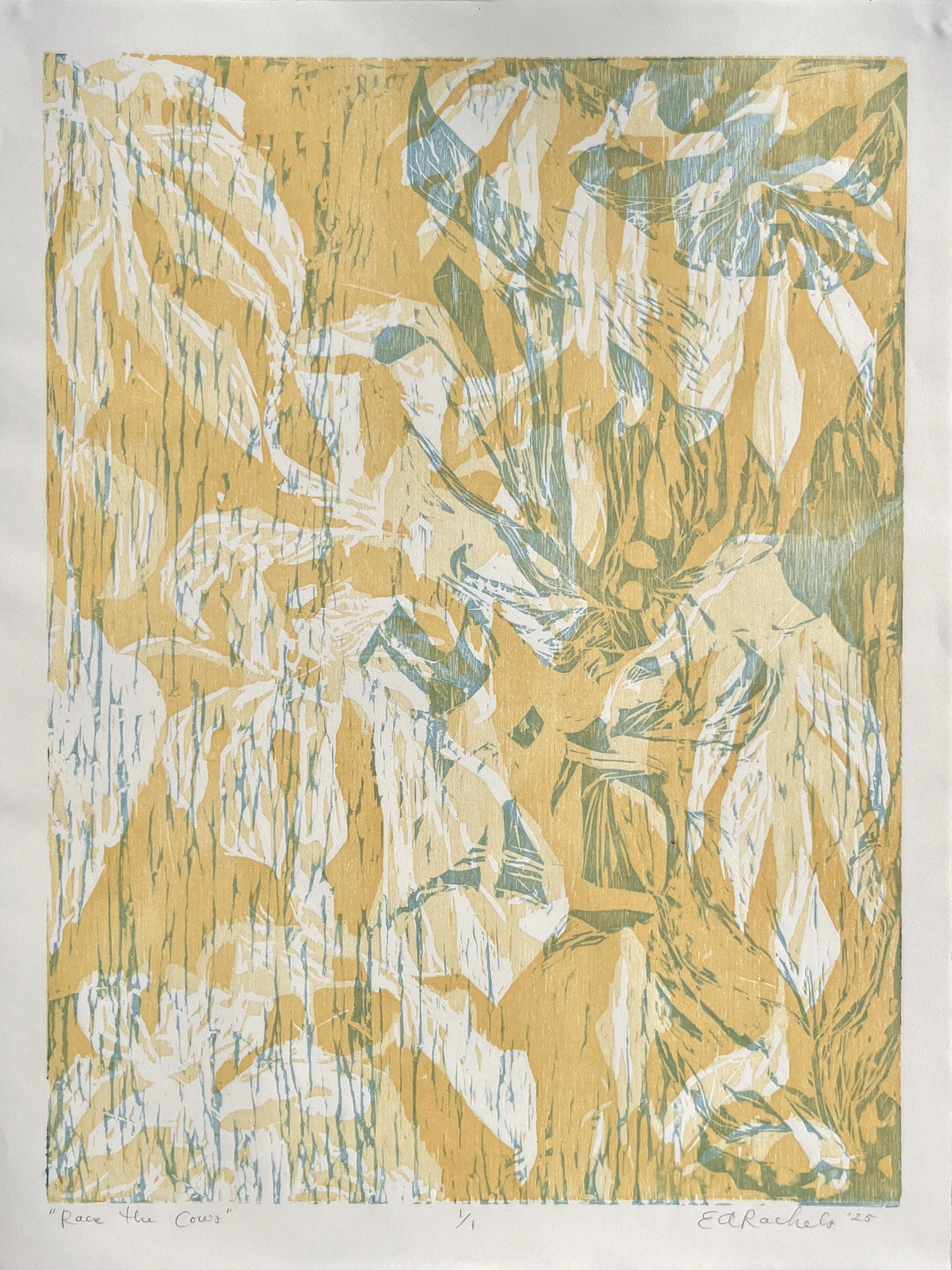 Race the Cows - Tricolor Woodcut Print