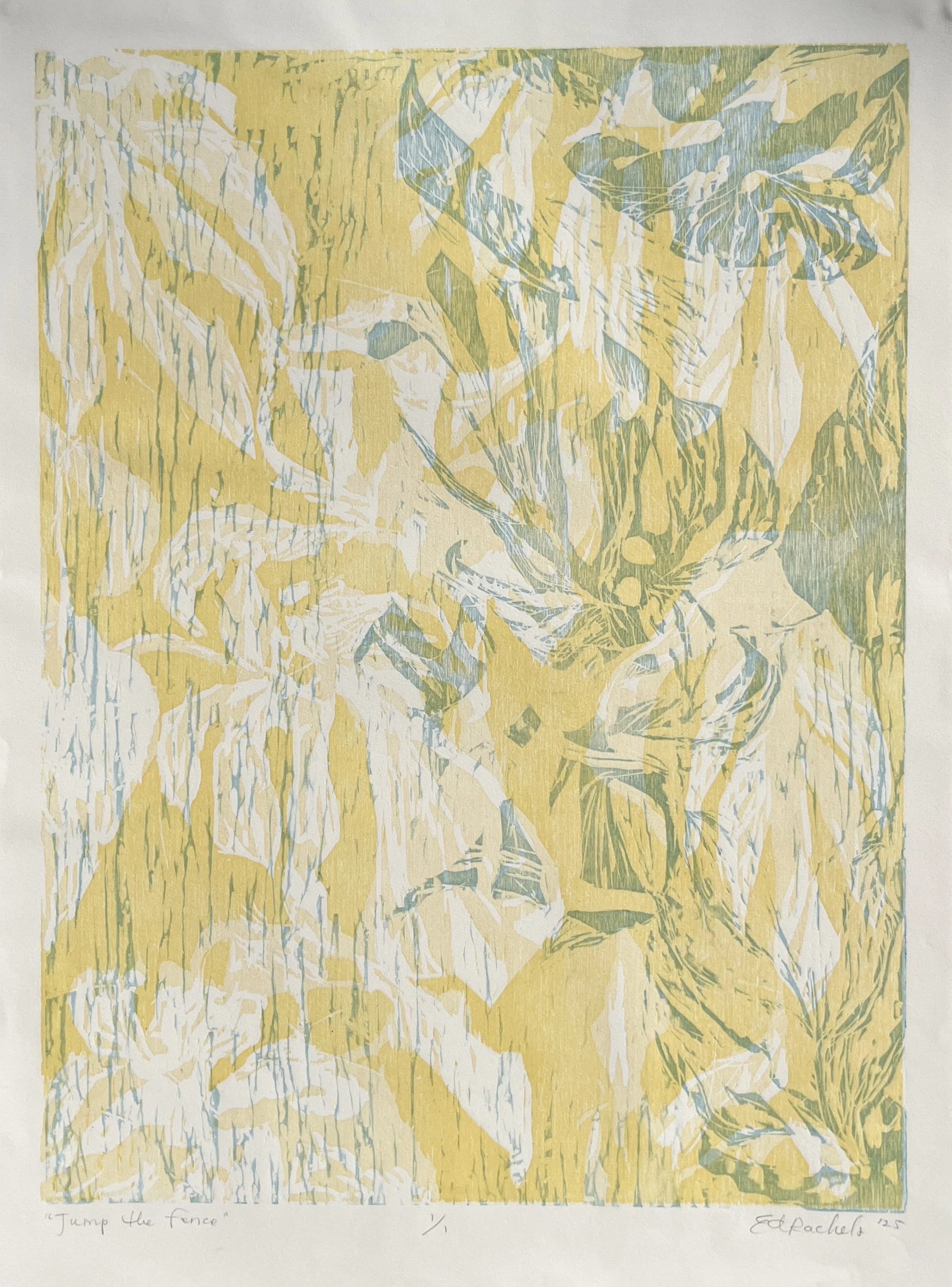 Jump the Fence - Tricolor Woodcut Print