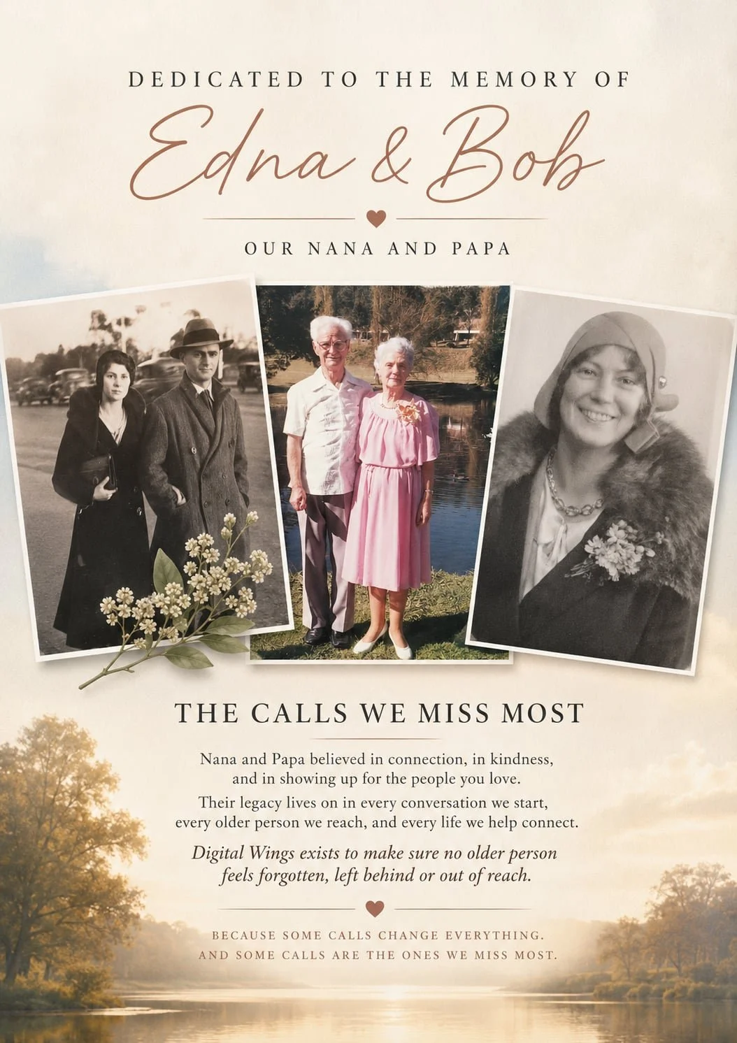 A memorial tribute with three black and white photographs of elderly and young adults, floral decorations, and a background of a serene landscape with trees and water, dedicated to Edna and Bob, called Nana and Papa.