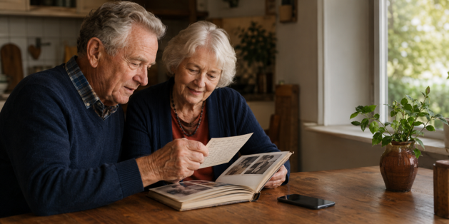 An elderly man and woman sitting at a wooden table, looking at photographs or a photo album together, with a smartphone on the table, in a cozy home with a window and green plant nearby.