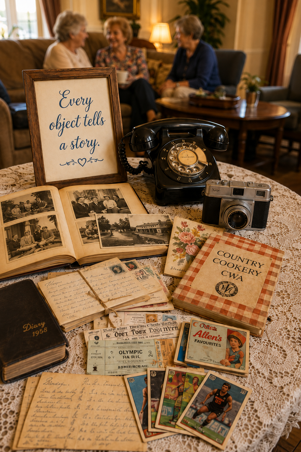 A table displays vintage photographs, postcards, a black rotary phone, a camera, a vintage diary from 1958, and a book titled 'Country Cookery CWA' with a sign that reads 'Every object tells a story.' In the background, three elderly women are chatting on a sofa in a cozy, warmly lit living room.