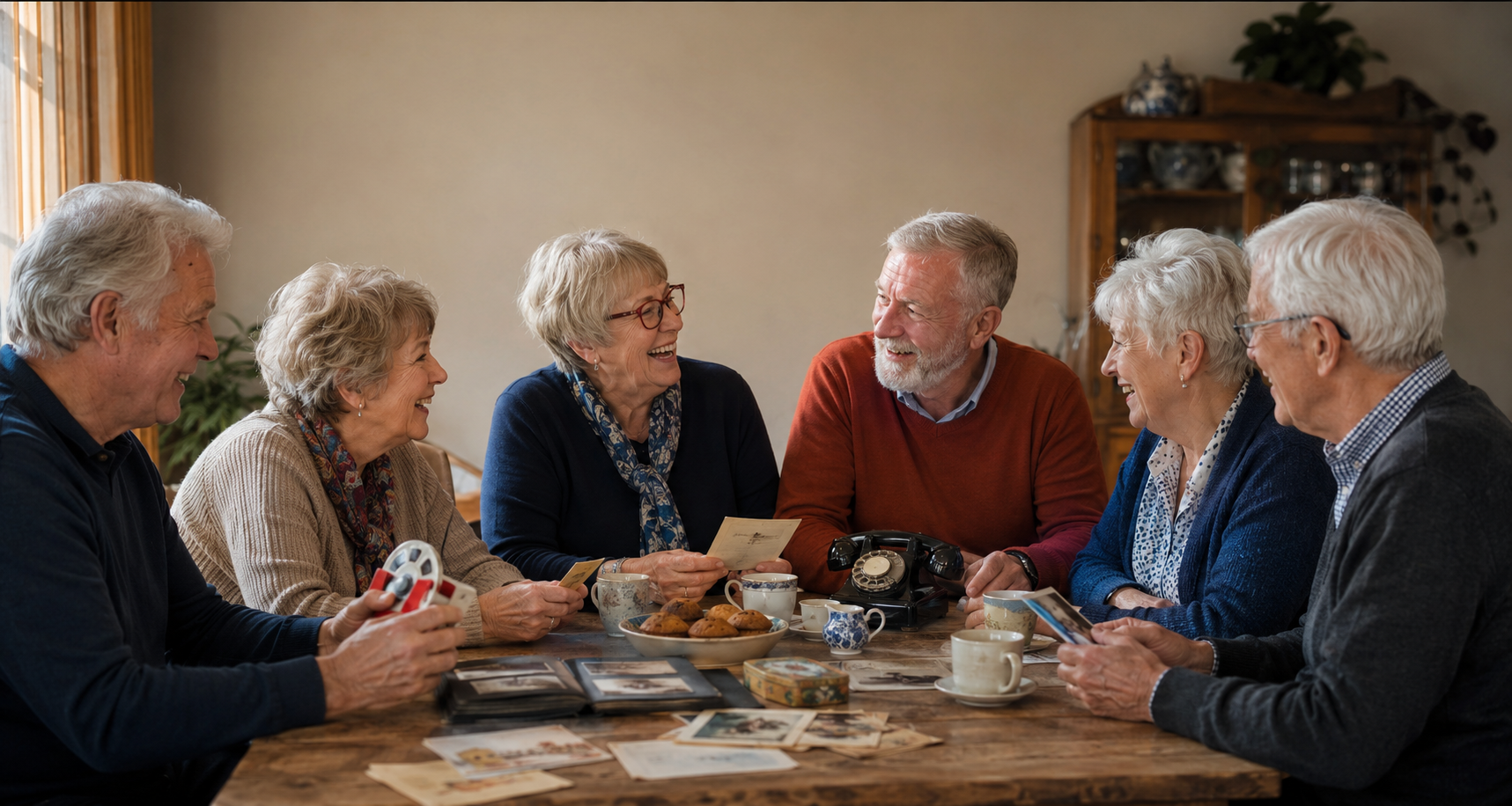 Six elderly people, three men and three women, sitting around a wooden table, laughing and talking during a gathering at someone's home.