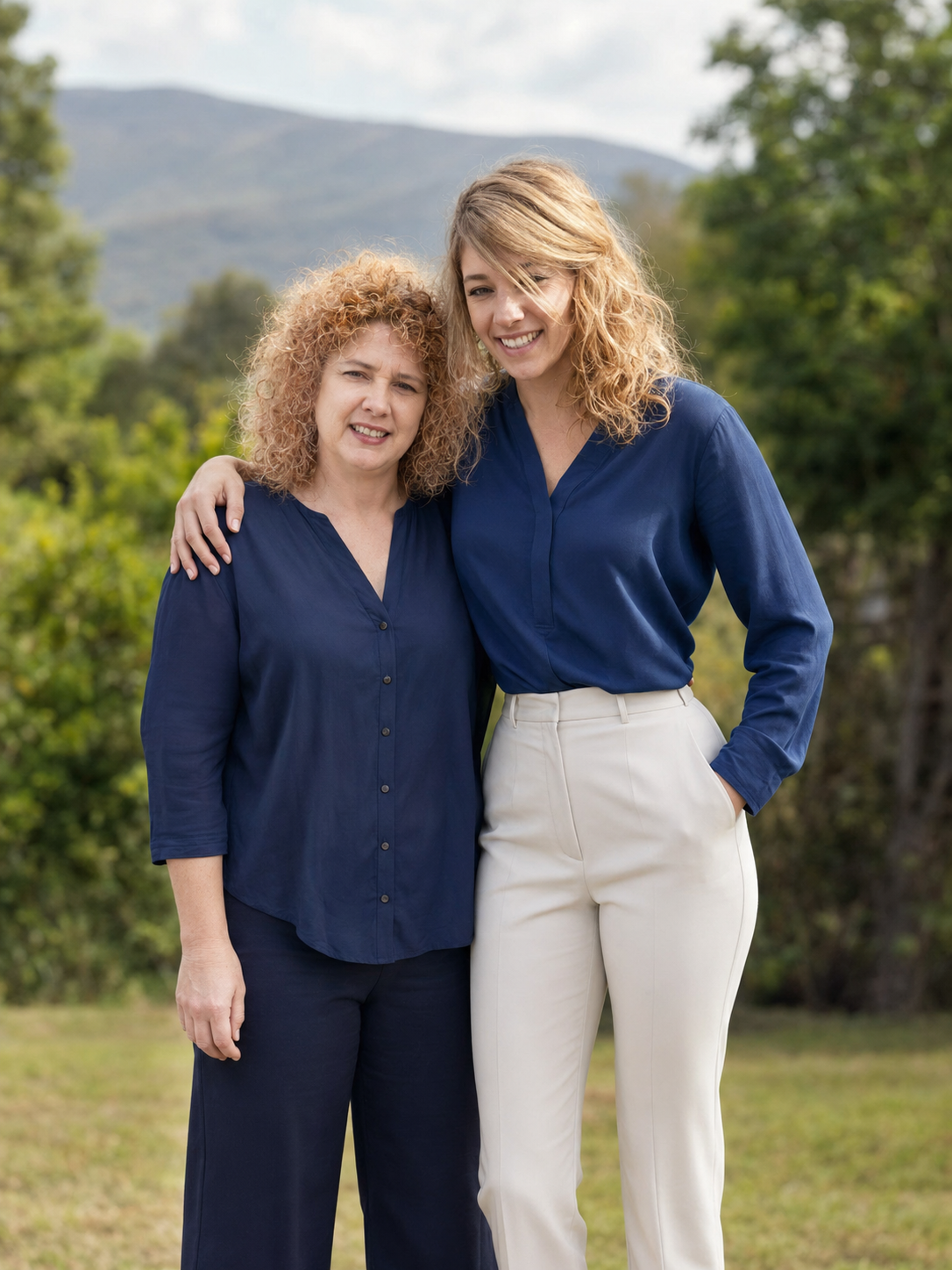 Two women standing outdoors, one with curly red hair and another with wavy blonde hair, both smiling and wearing blue tops, with mountains and trees in the background.