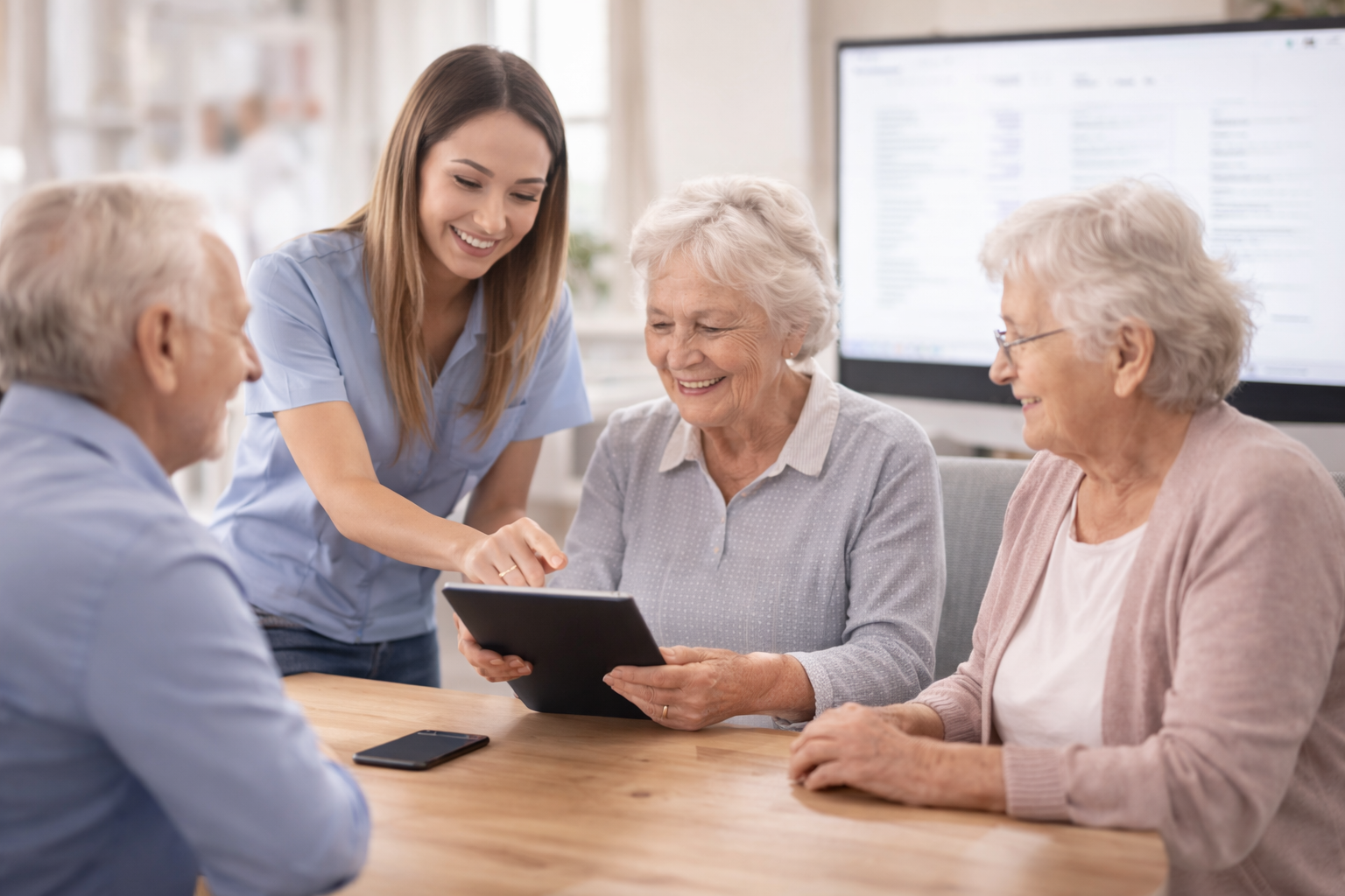A caregiver shows a tablet to elderly women sitting at a table in a nursing home or assisted living facility.