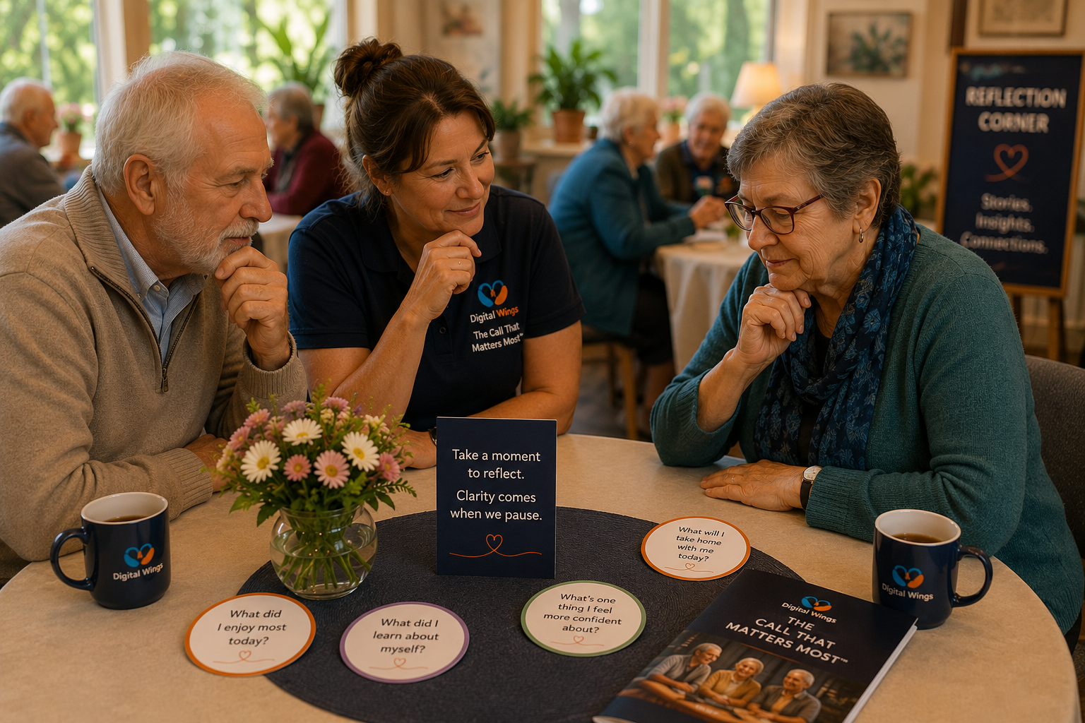 Three adults sitting at a table during a workshop, reflecting and discussing. The table has a bouquet of flowers, cups of coffee, and informational signs with questions about personal growth.