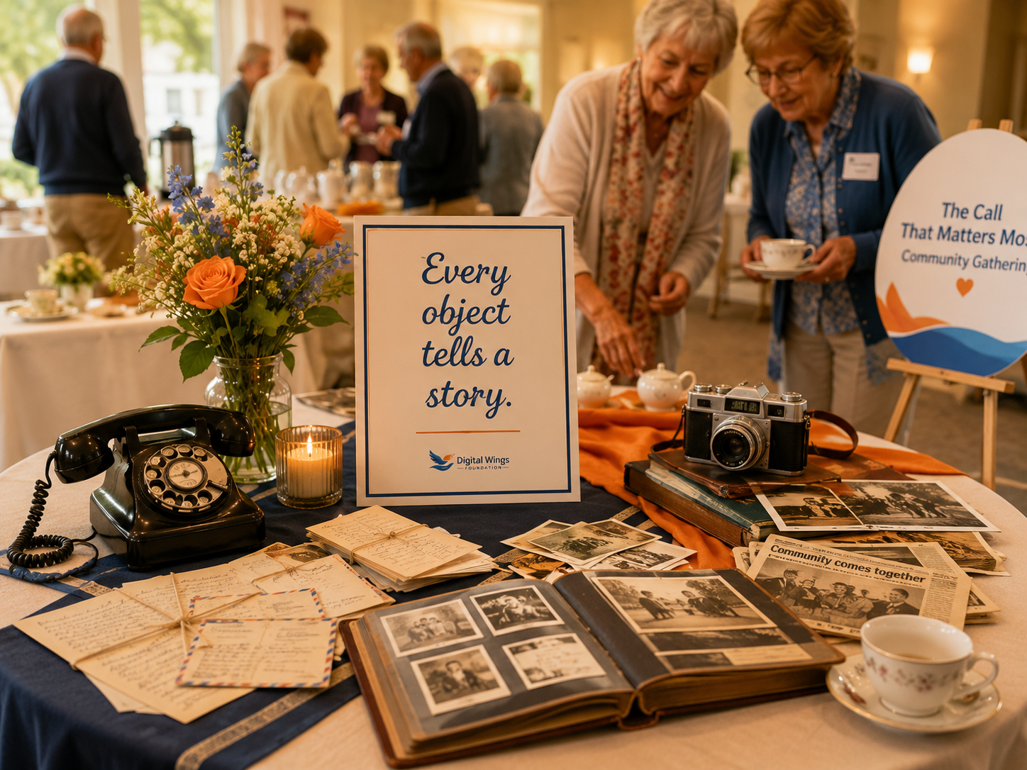 Table display at a community gathering features vintage photographs, handwritten letters, a black rotary phone, a camera, a lit candle, and flower arrangements. A sign reads 'Every object tells a story.' People are mingling in the background.