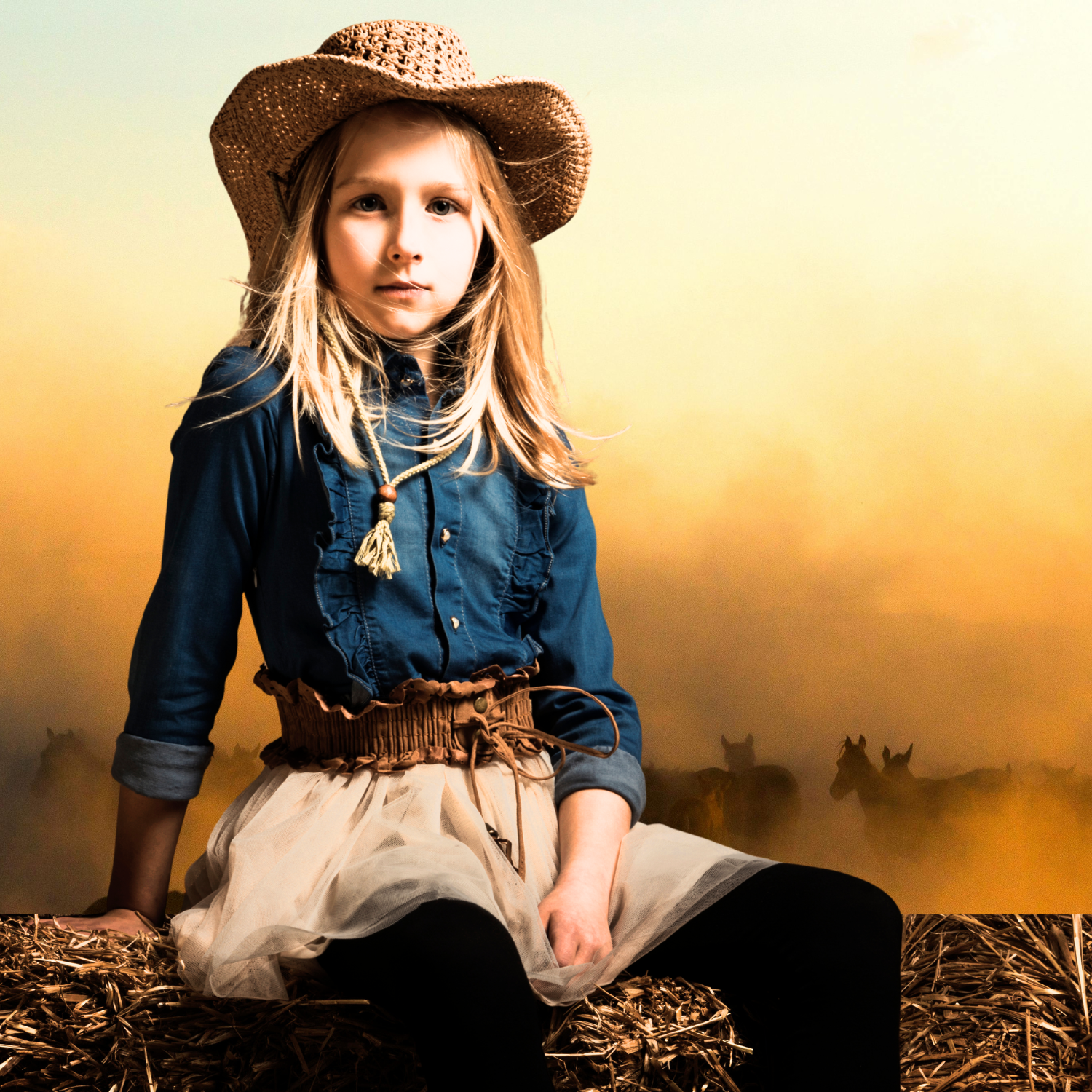 Girl wearing a simple cowgirl Halloween costume with a cowboy hat, denim shirt and bandana sitting on a bale of straw.