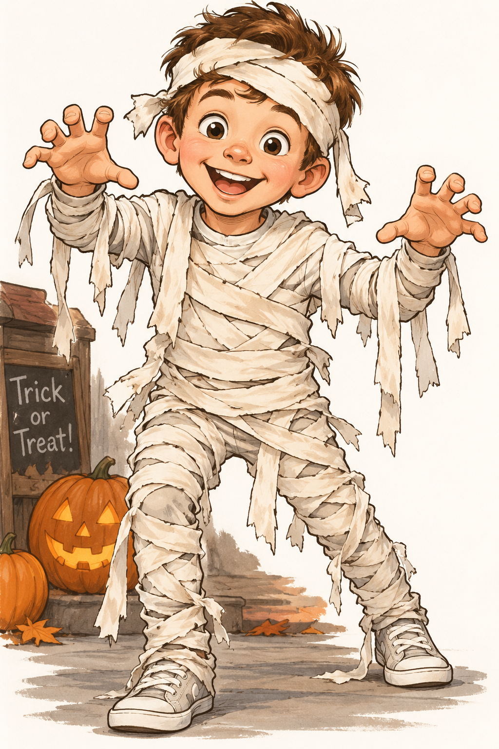 Cartoon image of child dressed as a homemade mummy in strips of light-colored fabric, posing beside a jack-o'-lantern for Halloween.
