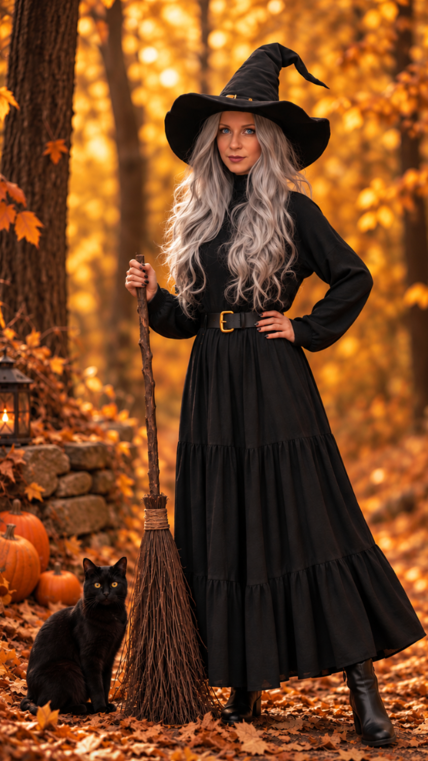 Woman dressed as a witch in a long black dress and pointed hat, holding a broom beside pumpkins and a black cat.