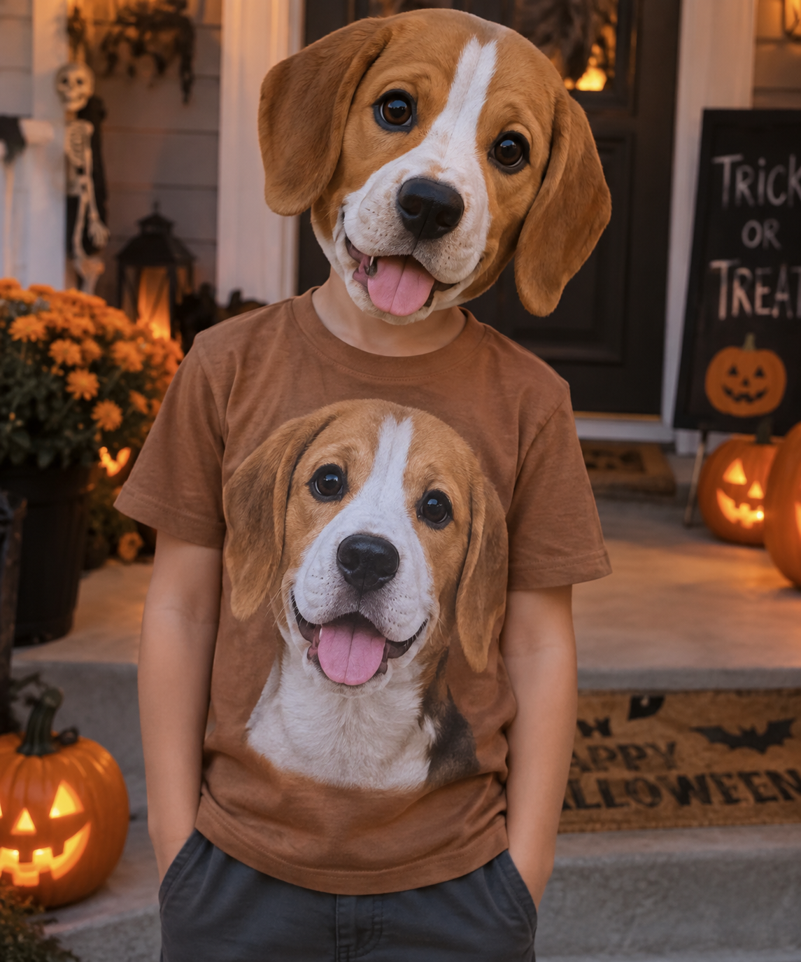 Child wearing a vintage-style Halloween costume with a plastic character mask and matching t-shirt  beside a  pumkin in front of a fall porch.