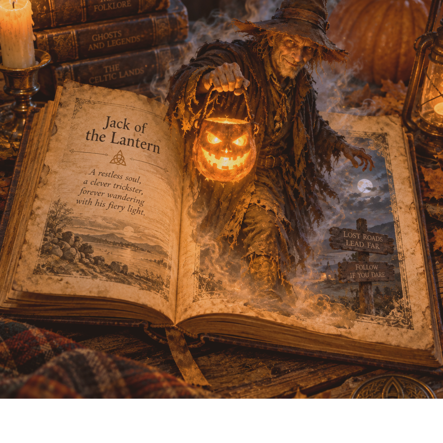 Illustration of mysterious figure with a glowing lantern inspired by the Irish legend of Stingy Jack.