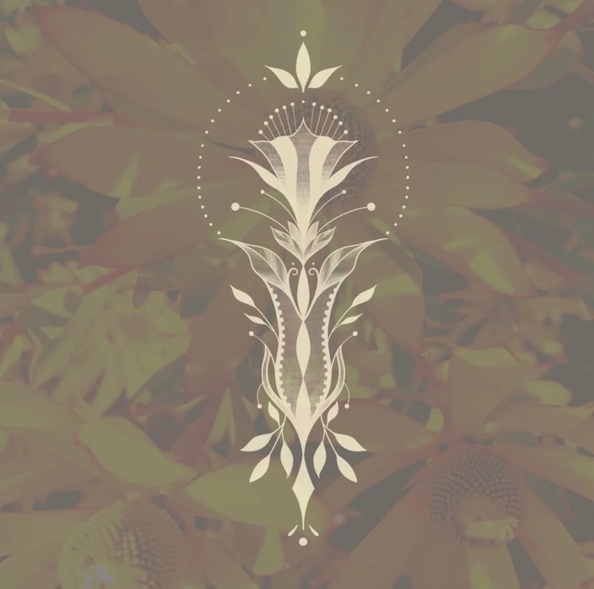 Symmetrical gold ornamental design over a dark botanical background