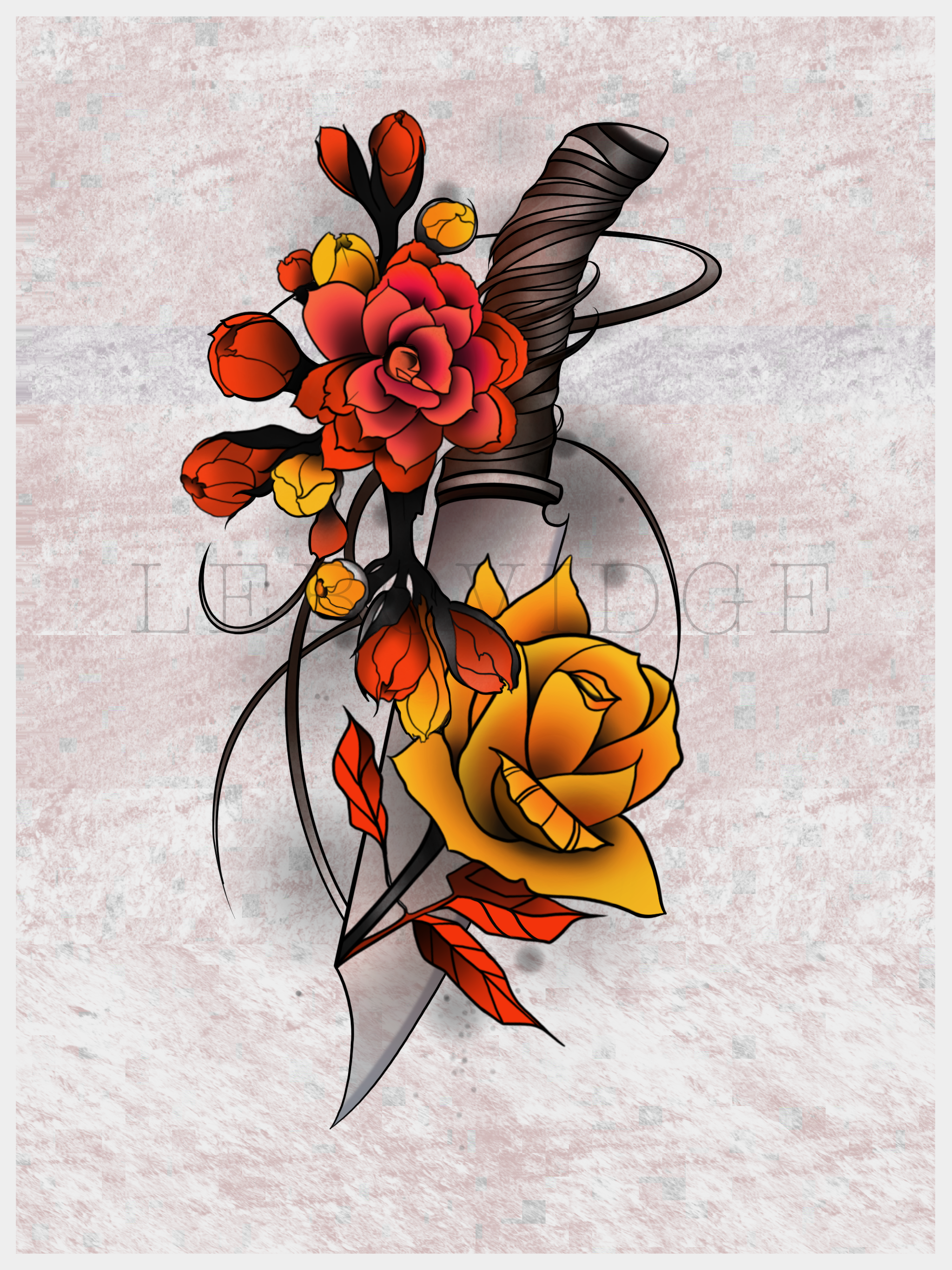 Color design of red and yellow roses around a dagger