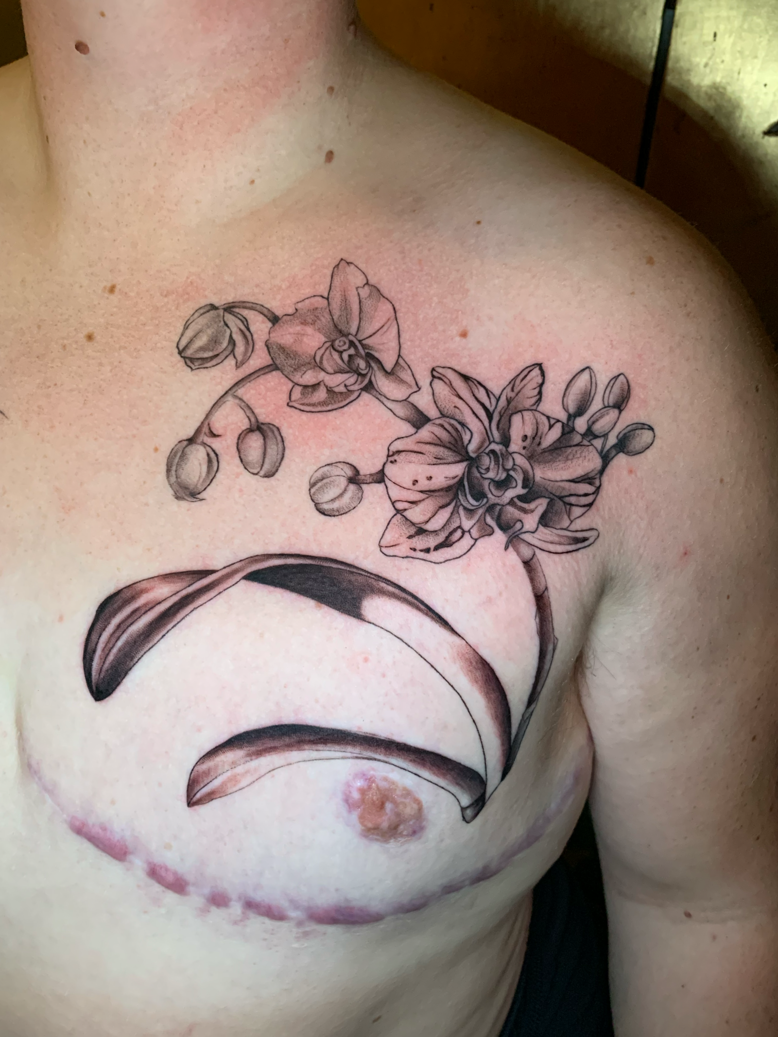 Fine-line flower and branch tattoo across the chest and shoulder