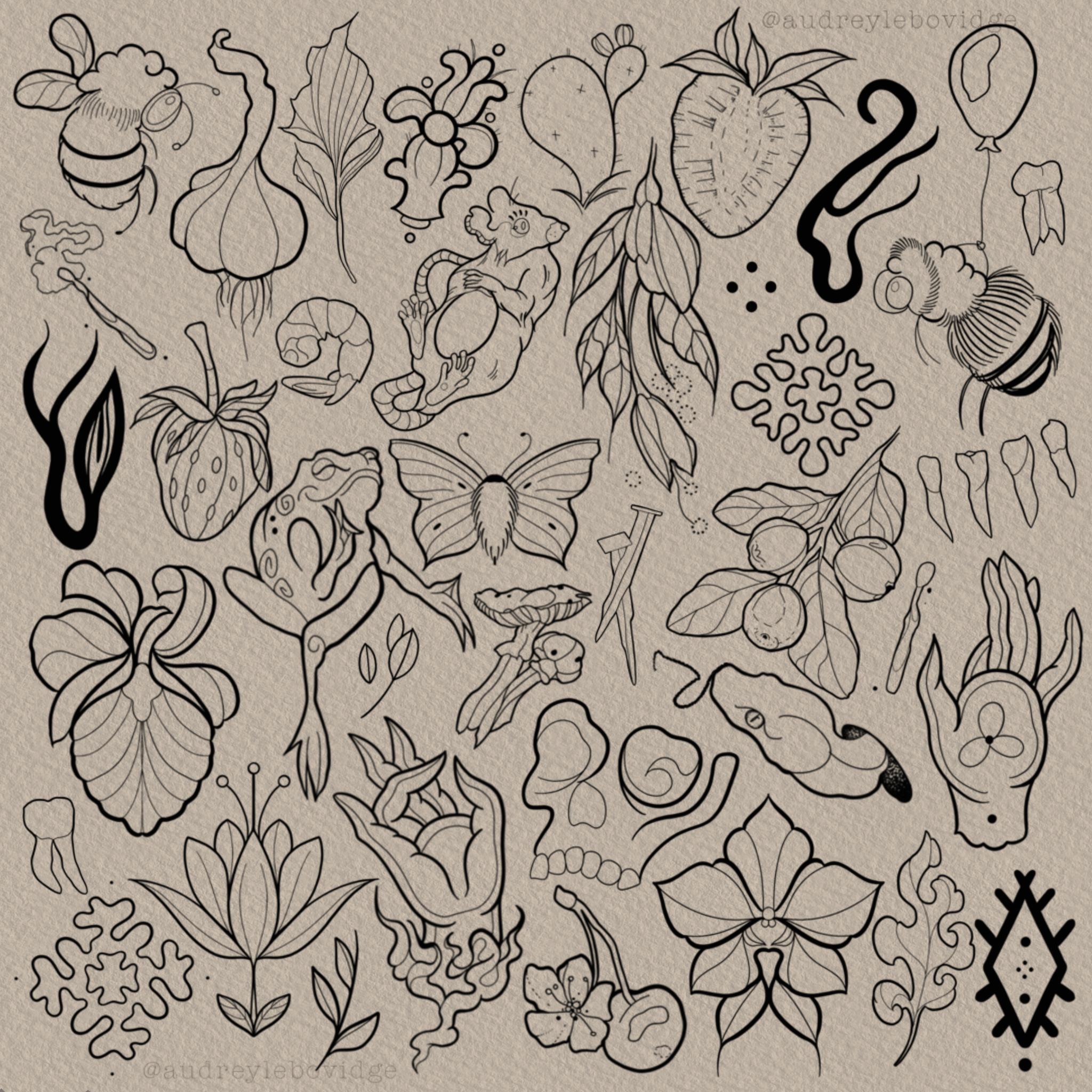 Flash sheet of assorted line-art designs, including flowers, fruit, hands, and bees