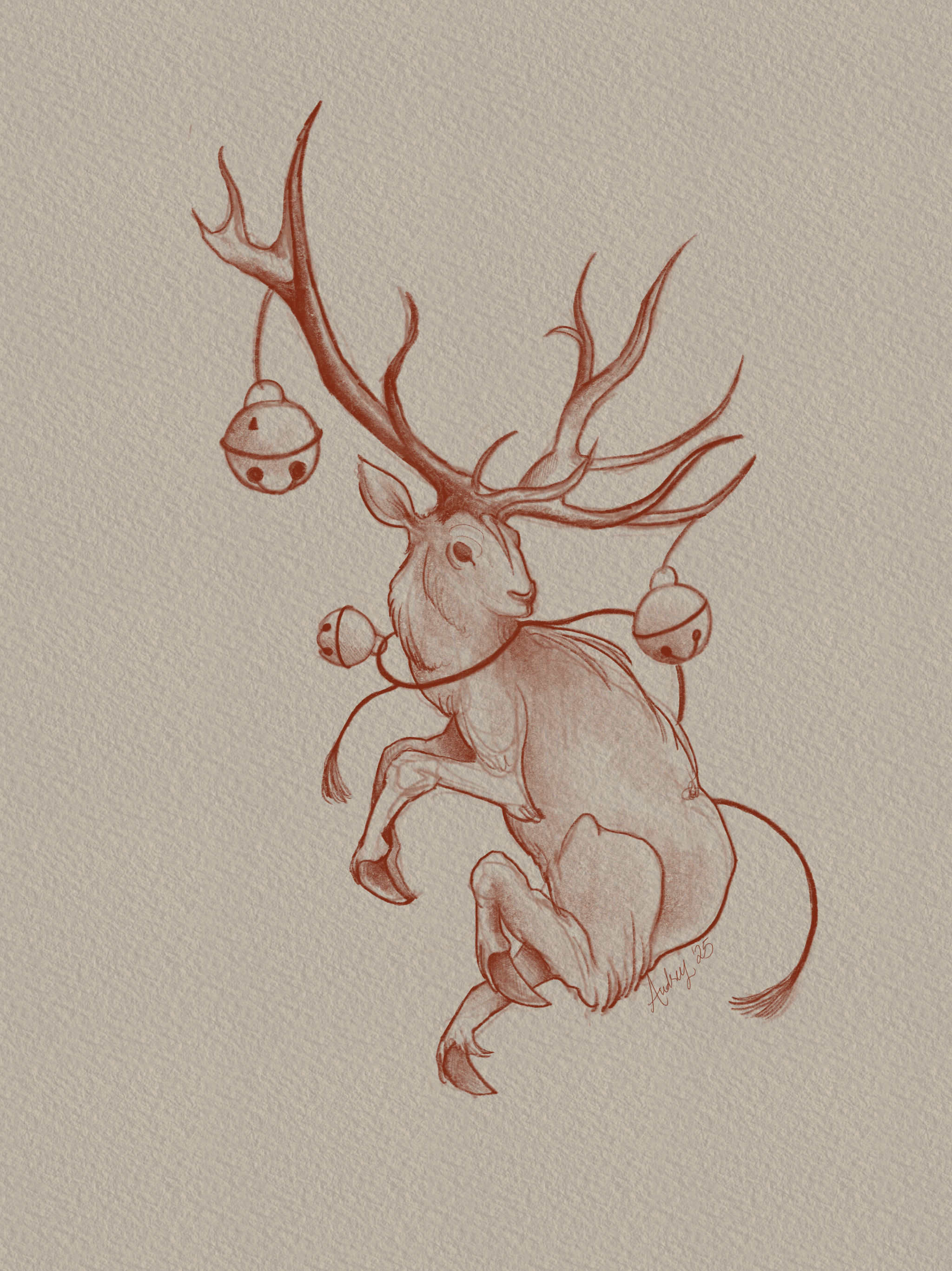 Red-ink drawing of a deer with antlers and bells