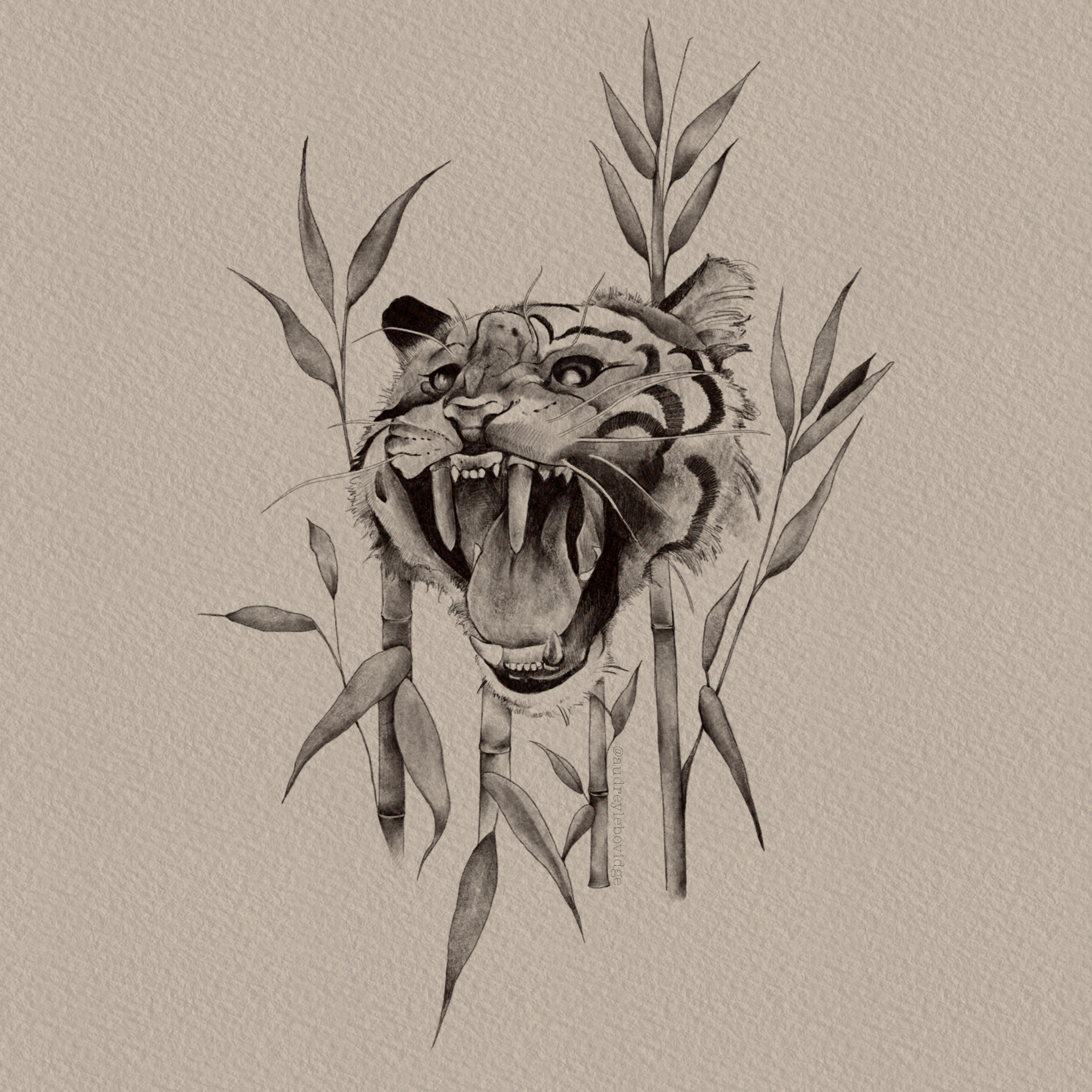 Drawing of a tiger's head among bamboo leaves