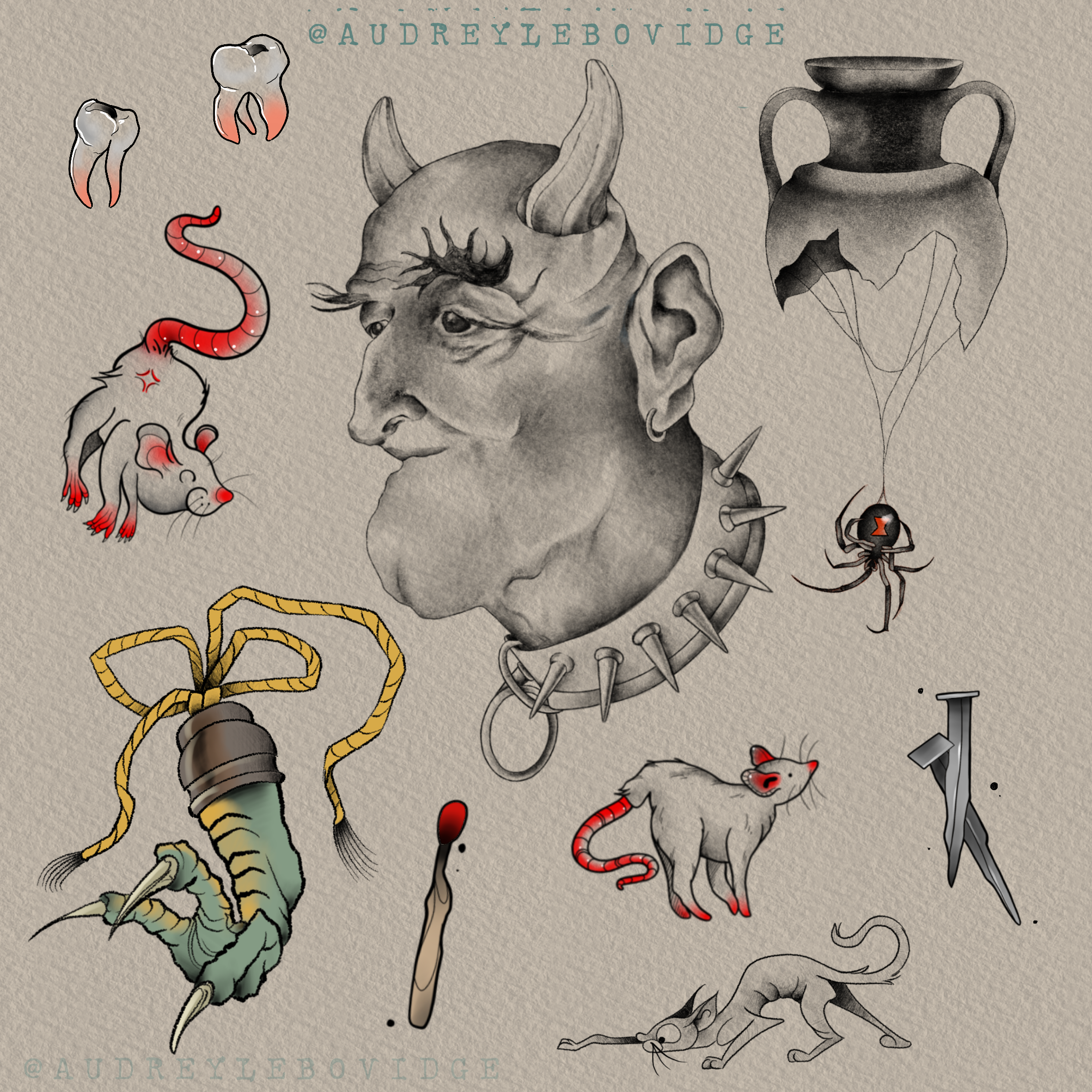 Flash sheet of color designs, including a devil portrait, a red snake, and an urn