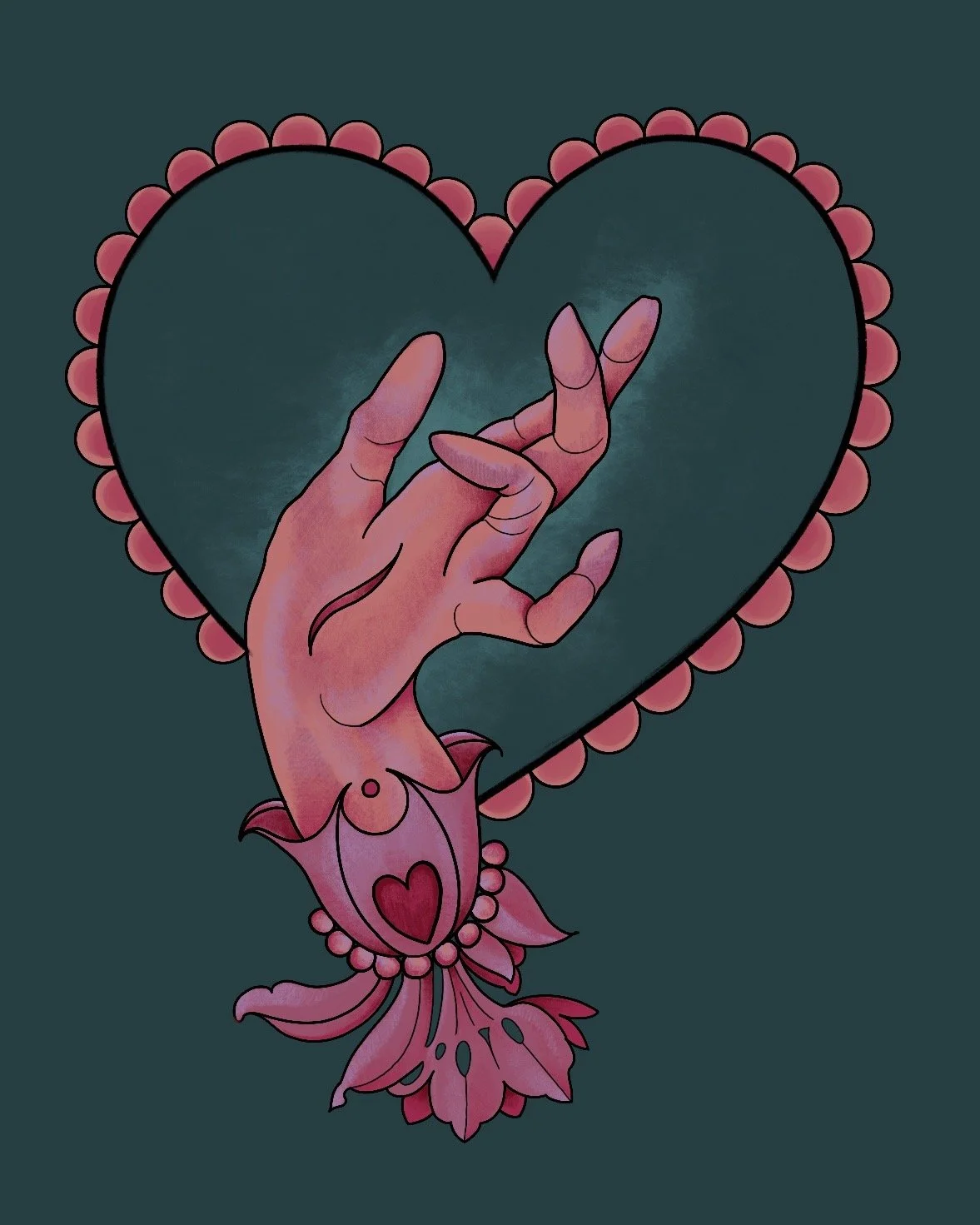 Flash design of a pink hand holding a flower inside a scalloped heart