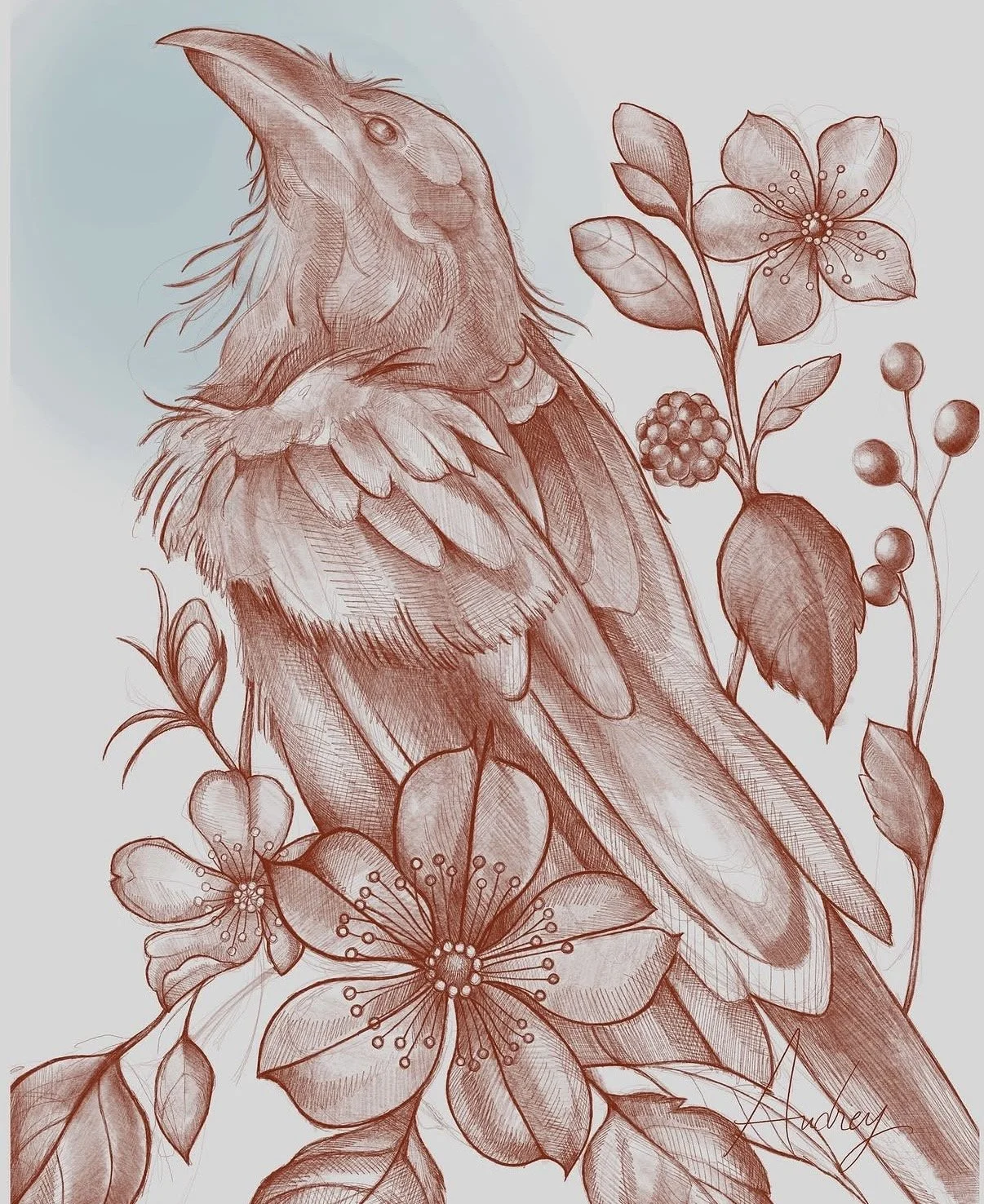 Sepia drawing of a crow among flowers and berries