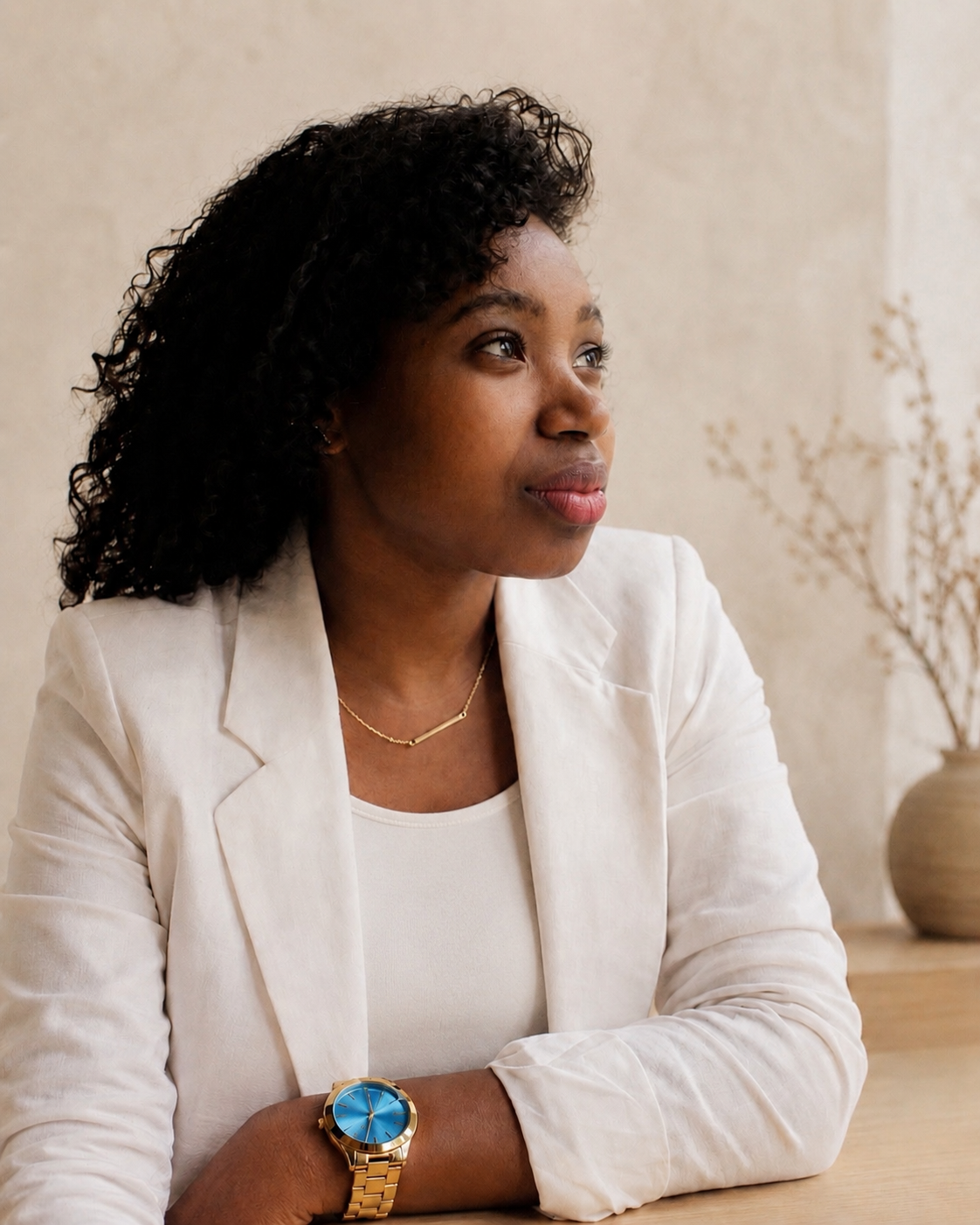 Leondria Taty, founder of Bloom & Being, seated in a whiteblazer.
