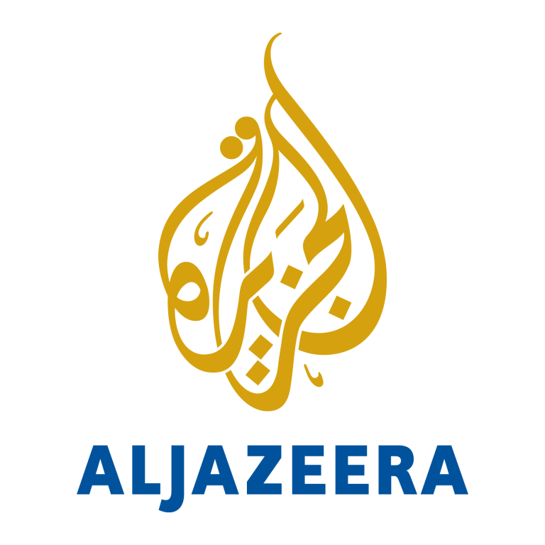 Al Jazeera logo featuring Arabic calligraphy in gold above the blue text 'ALJAZEERA'.