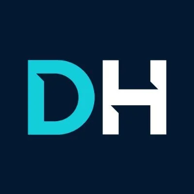 Logo with large blue D and white H on a dark background.