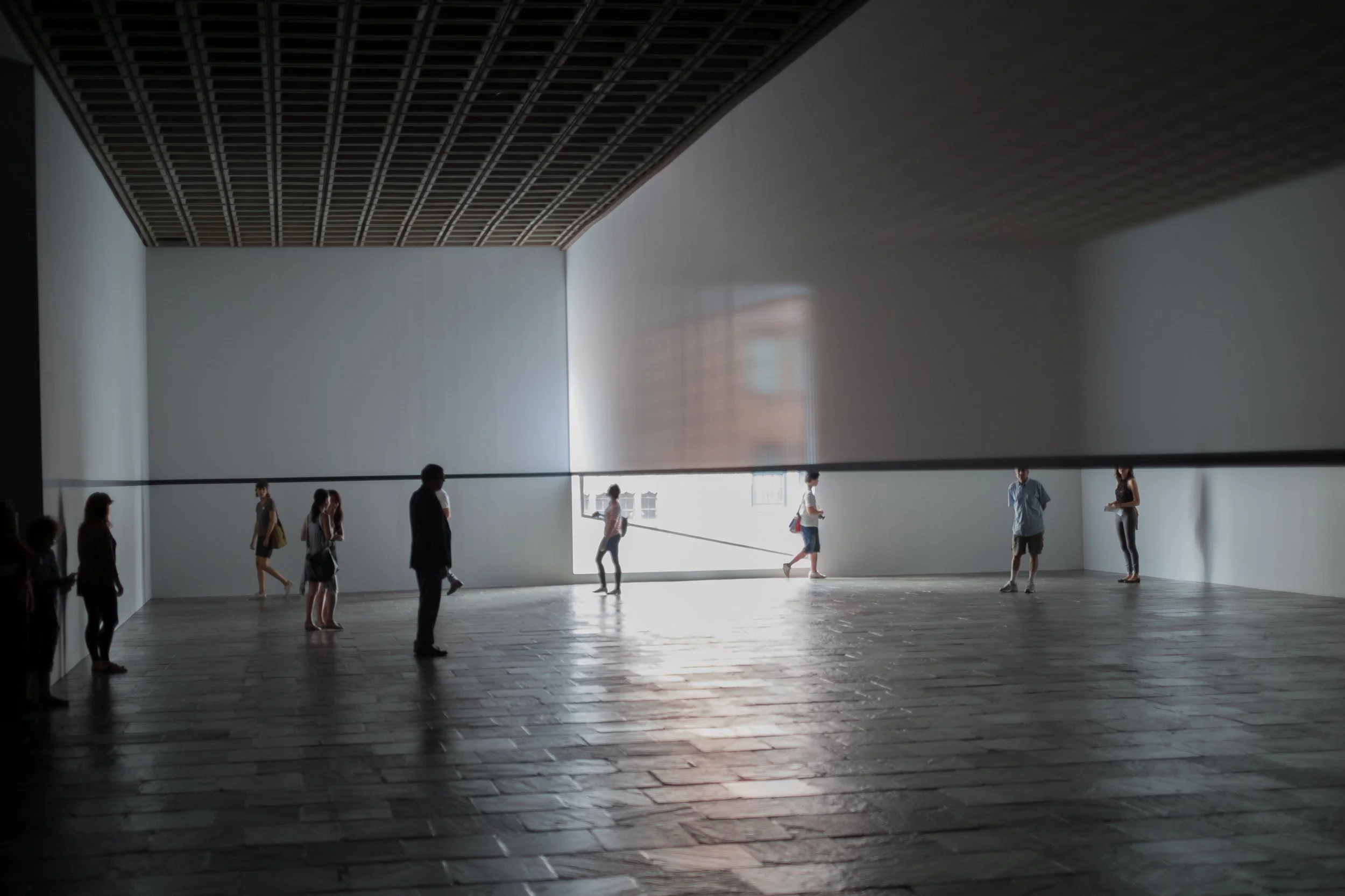 A visual of a darkened art gallery, split by a fabric scrim, the room lit only via a single gallery window (of some size) and there are indistinct gallery visitors pictured within, on either side of the scrim.