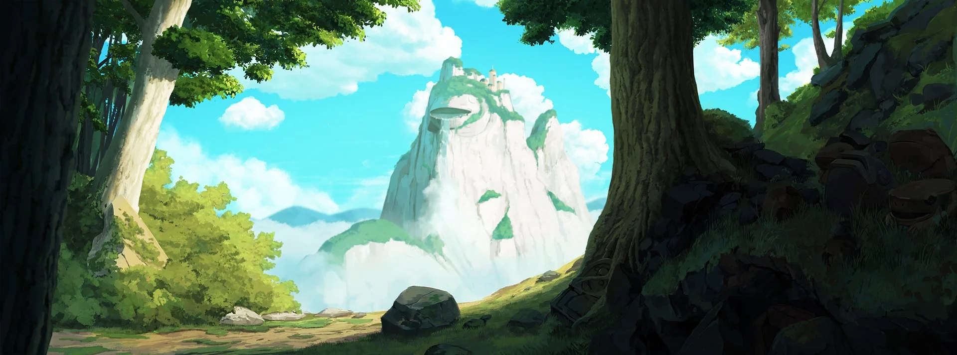 A lush forest with tall trees and green foliage. In the distance, a mountain with a face-like appearance, featuring a large mouth and eyes, rises above the clouds under a bright blue sky with scattered white clouds.