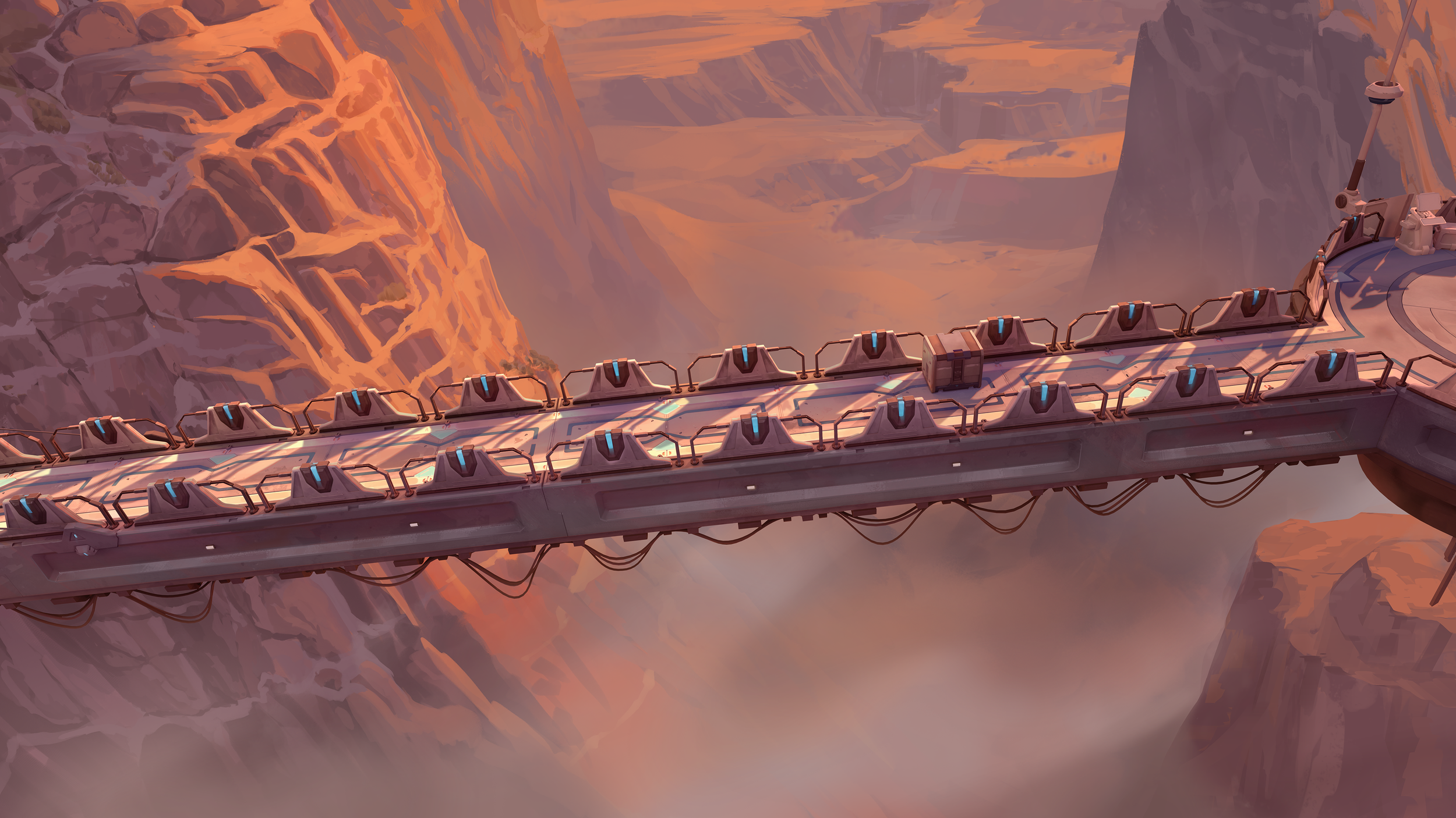 A futuristic bridge suspended over a vast canyon with rocky cliffs and deep valleys, illuminated by warm sunset colors.