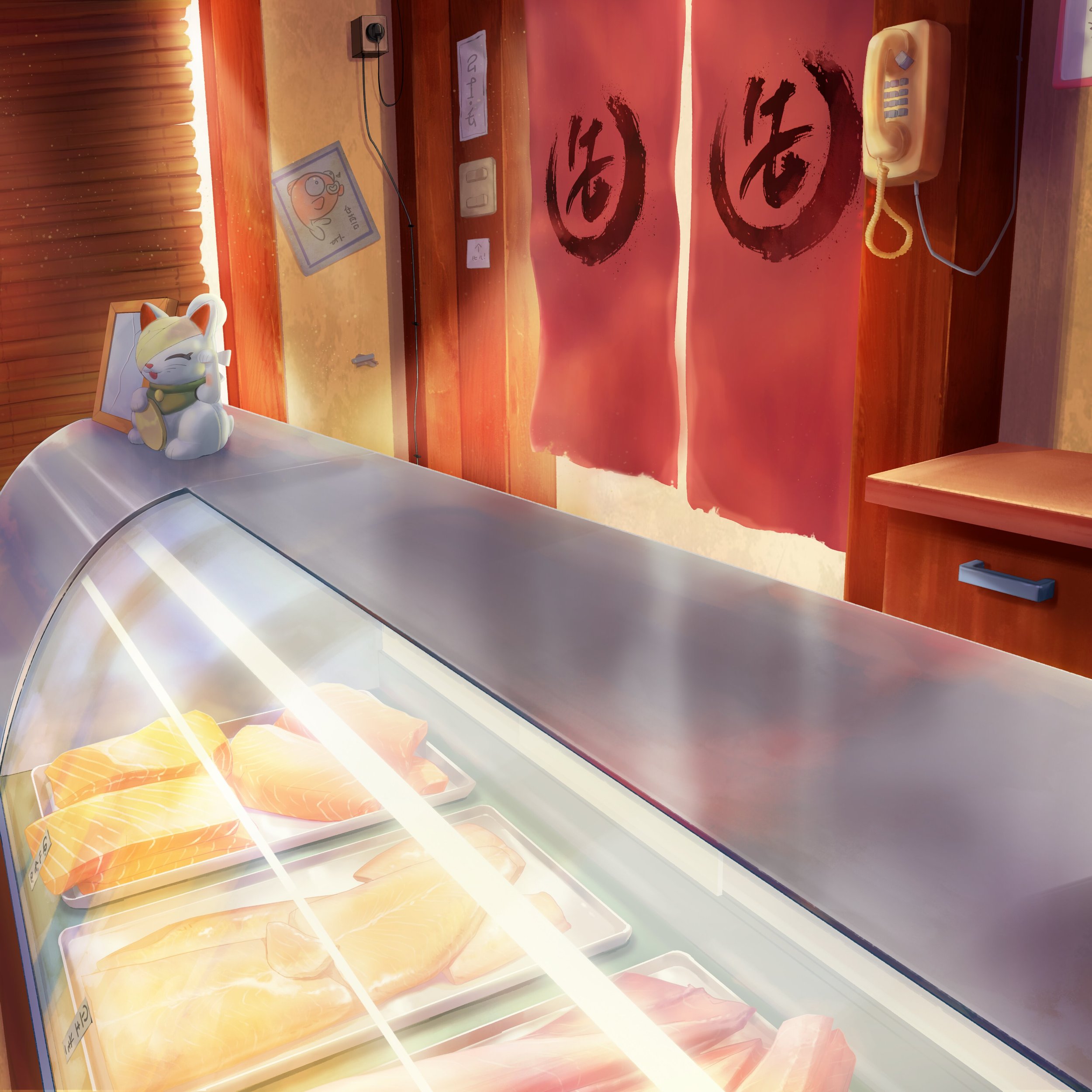 A vending machine with packs of sliced salmon, a small framed picture of a cat, a cartoon sticker of a smiling fish, and a telephone with a coiled cord. The background has a red curtain and wooden panels.