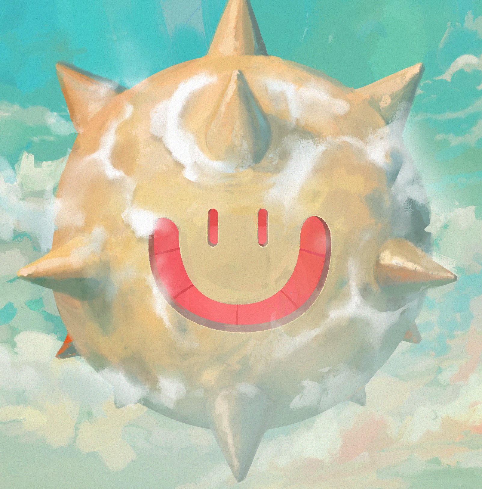 A painted illustration of a smiling sun with its rays, set against a sky filled with clouds.