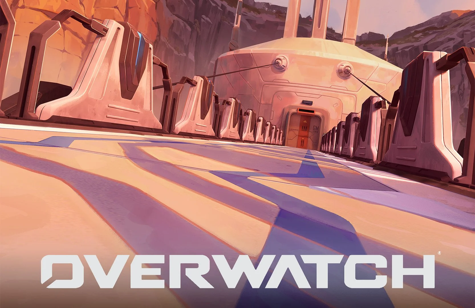 Futuristic pathway leading to a tower with a mountain background, with the word Overwatch at the bottom.