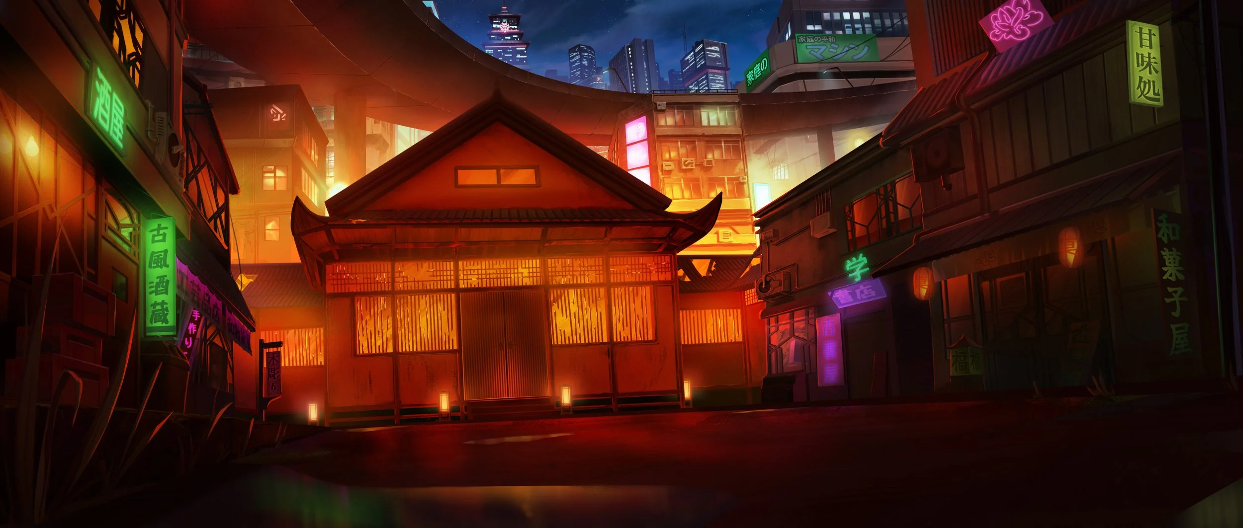 Neon-lit nighttime city scene with a traditional Asian-style building in the foreground, surrounded by modern high-rise buildings and skyscrapers in the background.