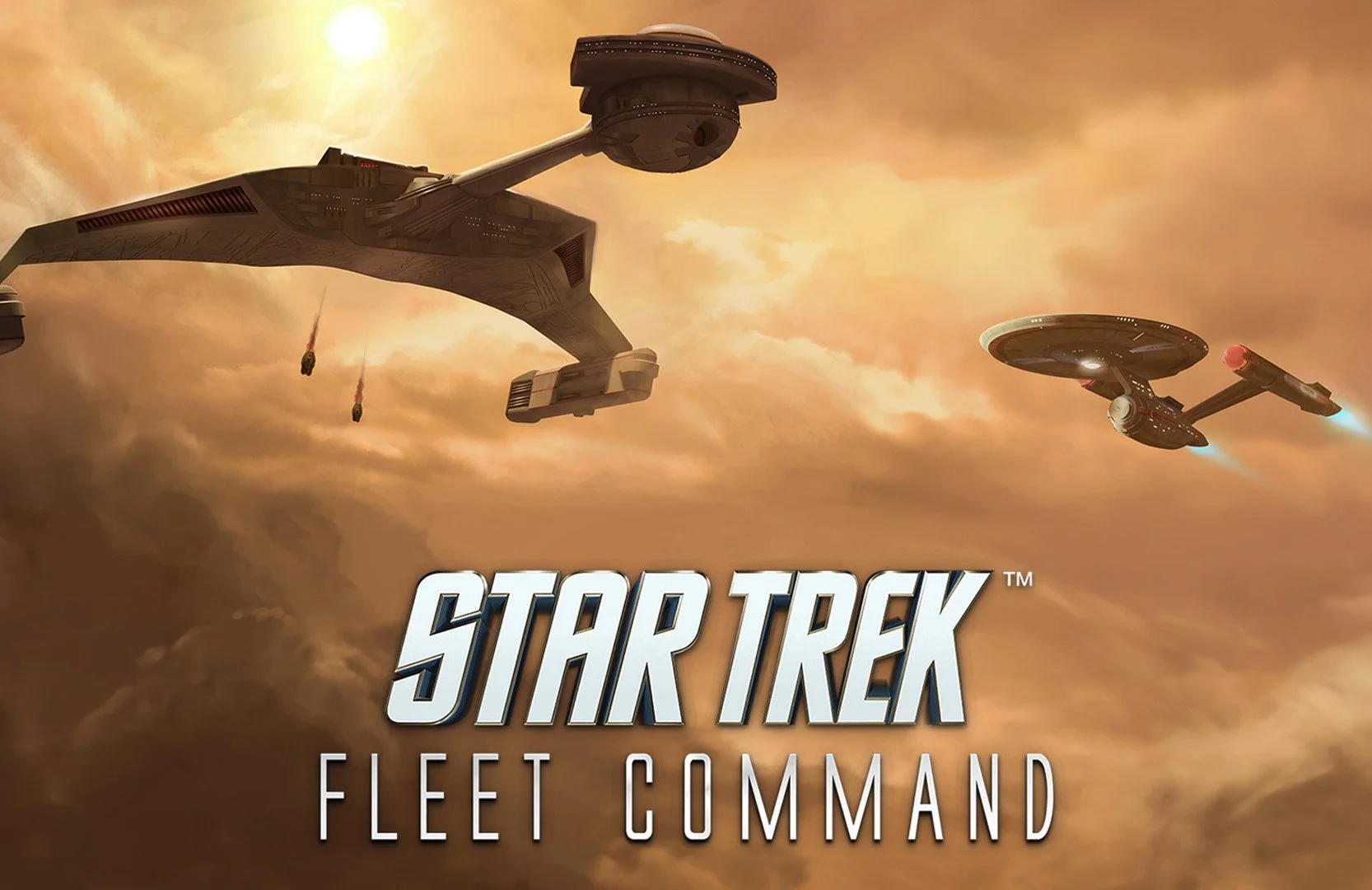 Cover art for the video game Star Trek Fleet Command, featuring two starships flying through a cloudy, orange-hued sky.