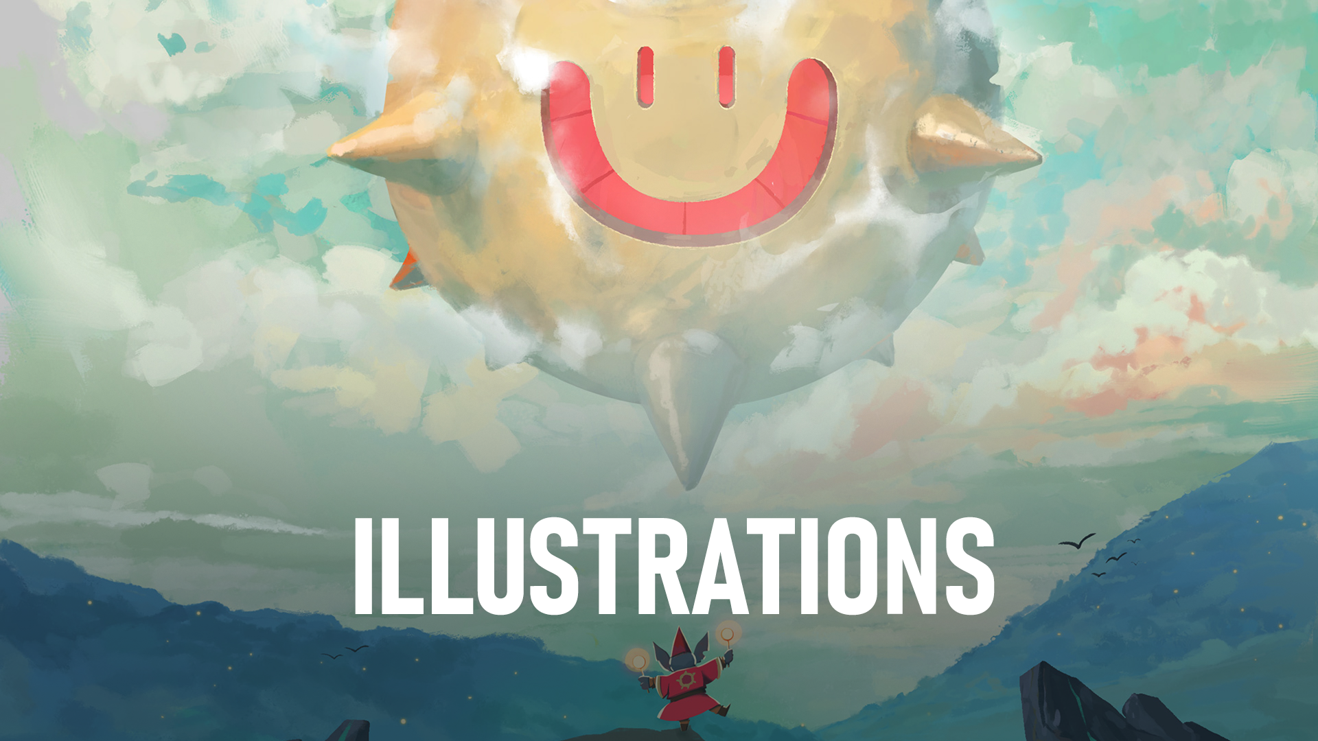 Digital illustration of a floating spiky ball in the sky with a power symbol on it, clouds and birds in the background, and a small character in a red outfit with horns and a staff below.