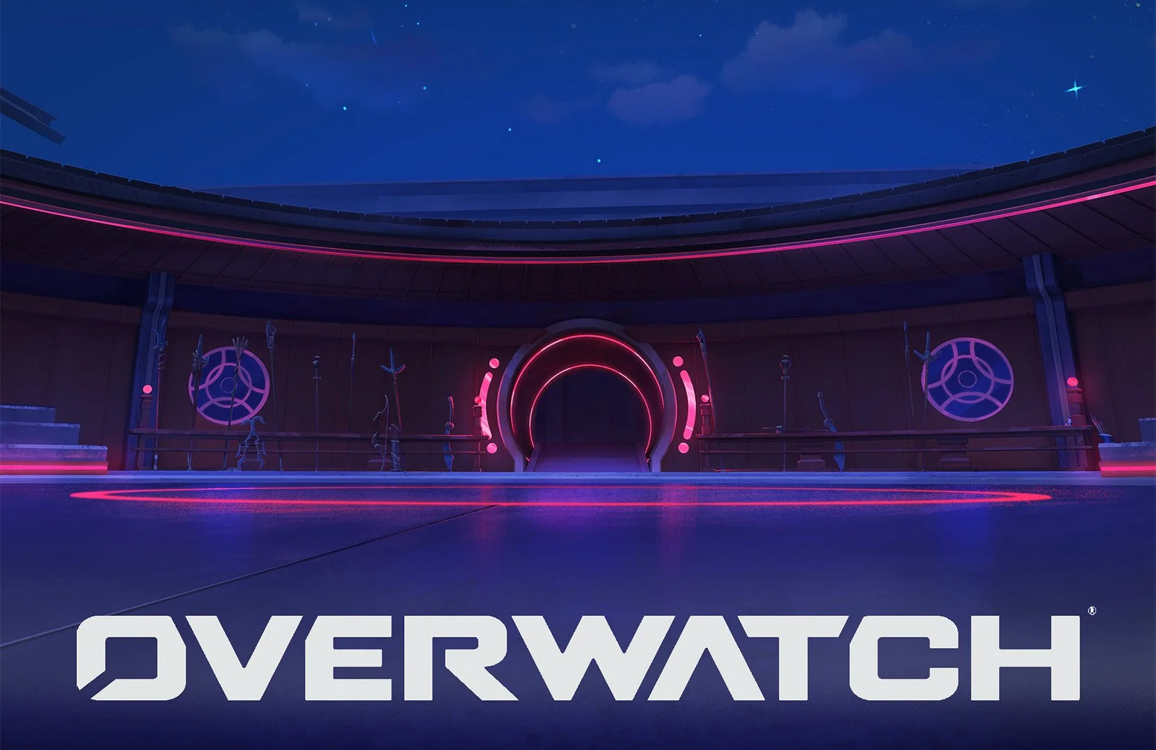 Futuristic stage with neon pink and blue lighting, a circular portal entrance, and various sci-fi style weapons on display, with the word OVERWATCH prominently displayed at the bottom.