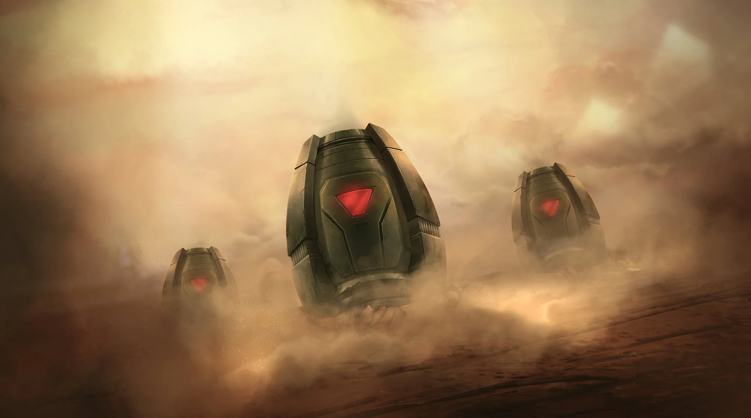 Three futuristic, robot-like machines with red triangular lights on their front panels moving through a dusty, cloudy environment.
