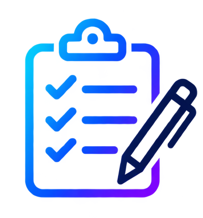 A blue gradient illustration of a clipboard with a checklist and a pencil, featuring checkmarks next to some items.