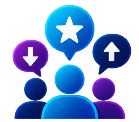 Iconic image of three stylized human figures with speech bubbles above their heads, containing up arrow, down arrow, and star symbols, representing opinions or choices.