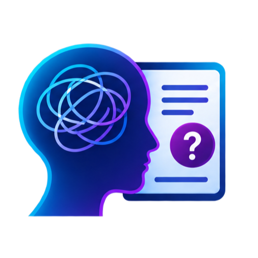 A digitally illustrated profile of a person's head with a brain represented by colorful, swirling lines, next to a clipboard with text and a large purple question mark.