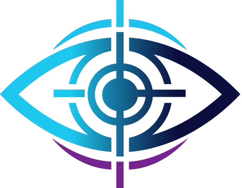 A digital geometric design resembling an eye with a centralized target or crosshair, featuring shades of blue, purple, and black against a black background.