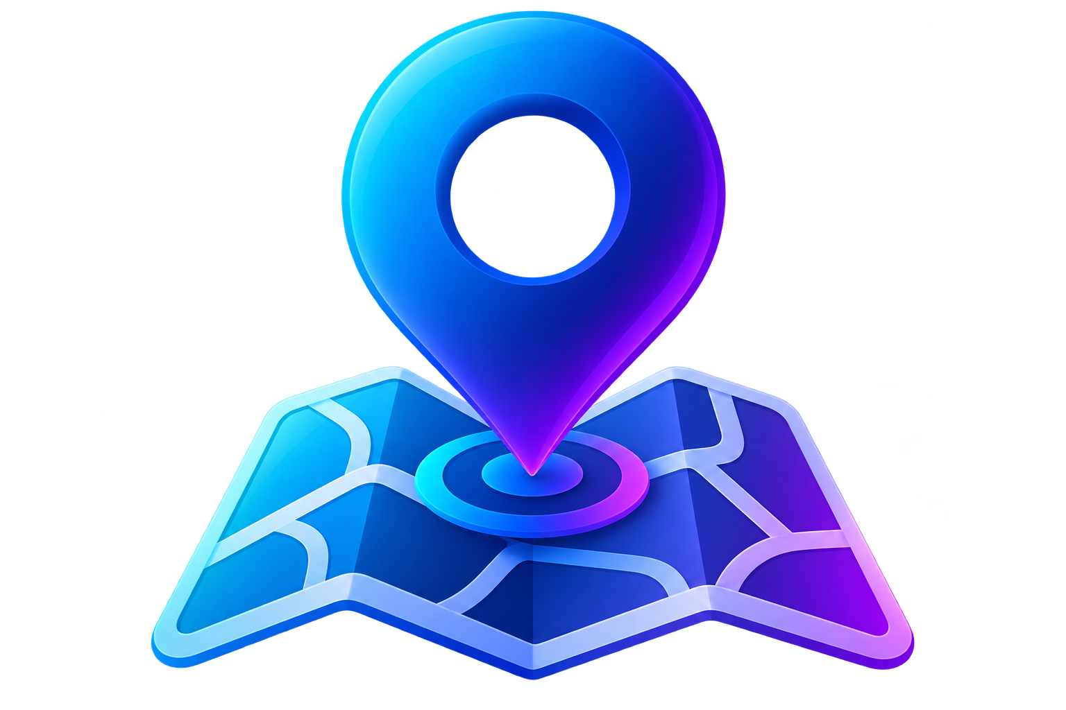 A digital illustration of a map with a location pin in front of a screen, glowing in neon blue and purple colors.