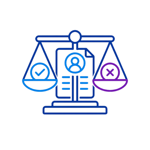 Neon outline of a scale with a person's icon in the center and two bowls on either side, one with a check mark and the other with an X, representing balance or judgment.