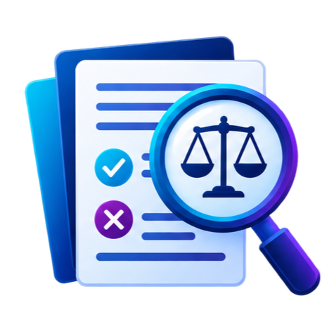 Legal documents with a magnifying glass showing a balance scale, representing law or legal review.