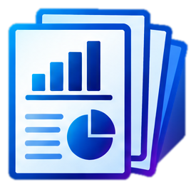 Icon of stacked reports with bar chart and pie chart graphics.