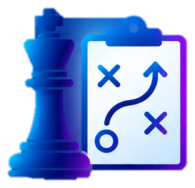 A digital illustration of a chess rook, a clipboard with a game strategy diagram, including X's and arrows, in blue and purple tones.