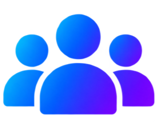 Three blue and purple human-like icons representing people, with one larger icon in the center and two smaller icons on each side.